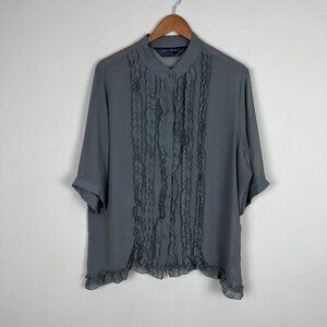Norma‎ Kamali Blouse Womens XXL Gray Sheer Button Down Ruffle Bib Whimsical